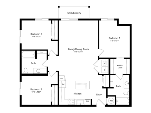 Floor plan for 3 beds, 2 baths, 1293 sqft